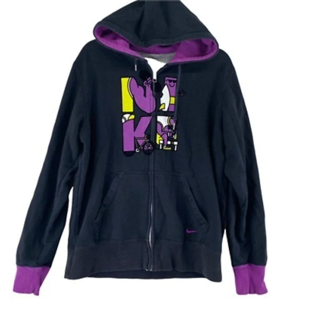 Nike Full Zip Streetwear Hoodie Jacket Womens XL Black Purple Spellout Pockets